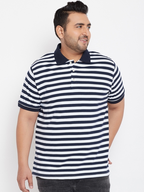 

bigbanana Plus Size Men White Navy Blue Striped Polo Collar T-shirt