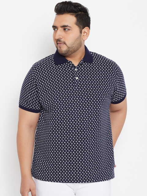 

bigbanana Plus Size Men Navy Blue Off-White Printed Polo Collar T-shirt