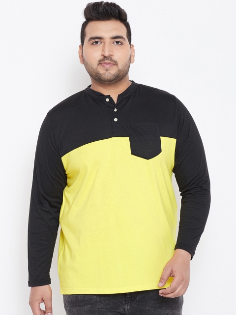

bigbanana Plus Size Men Black Yellow Colourblocked Mandarin Collar T-shirt