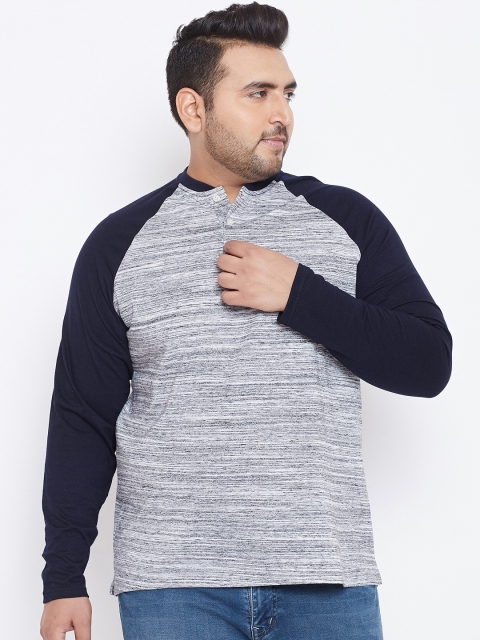 

bigbanana Plus Size Men Grey Navy Blue Printed Mandarin Collar T-shirt