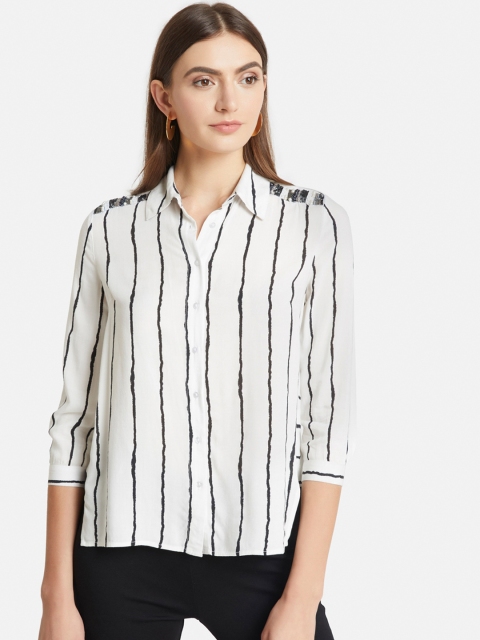 

Kazo Women White & Black Regular Fit Striped Shirt