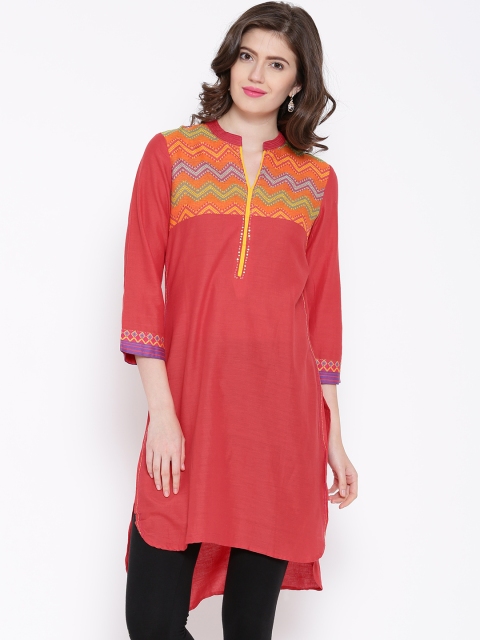 Biba Women Coral Red Solid Kurta