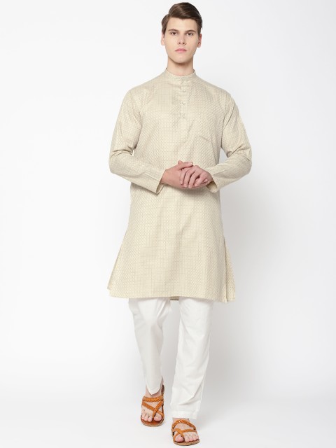 

Shaftesbury London Men Beige & White Self Checked Kurta with Pyjamas