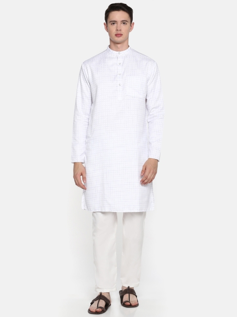 

Shaftesbury London Men White & Blue Self Checked Kurta with Pyjamas