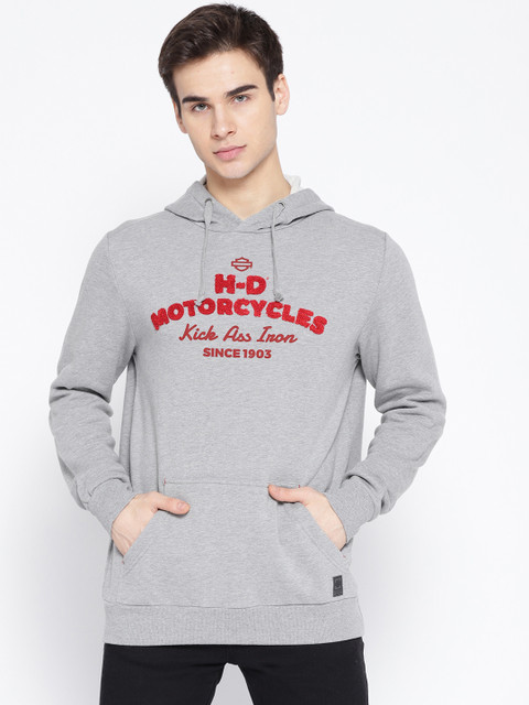 

Harley-Davidson Men Grey Melange Slim Fit Printed Hooded Sweatshirt