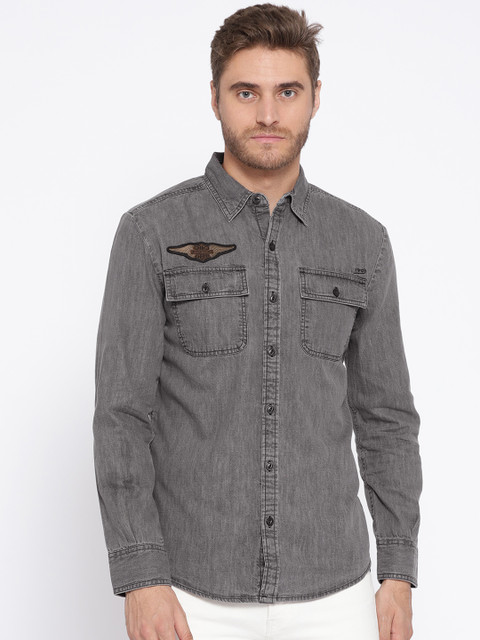 

Harley-Davidson Men Charcoal Grey Slim Fit Solid Denim Shirt