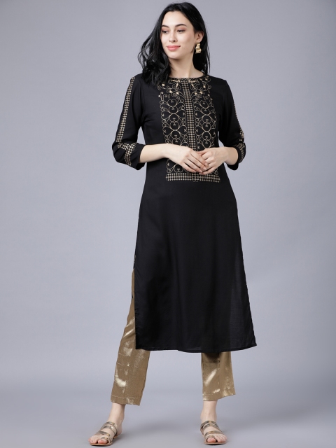 

Vishudh Women Black & Beige Yoke Design Straight Kurta