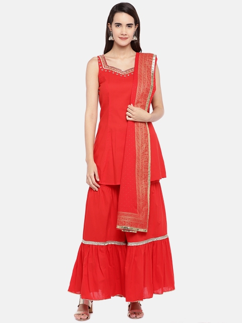 

Globus Women Red Solid Kurti with Sharara & Dupatta