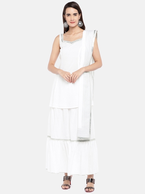 

Globus Women White Solid Kurti with Sharara & Dupatta