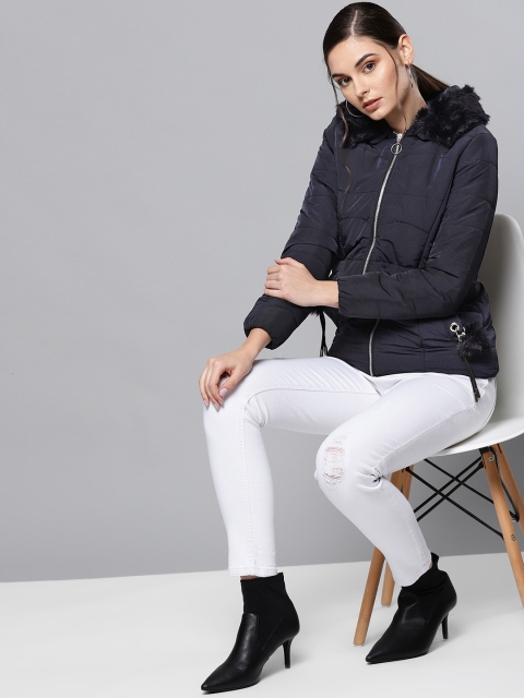 

Chemistry Edition Women Navy Blue Solid Hooded Puffer Jacket