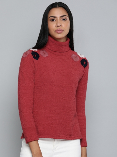 

Chemistry Edition Women Red Solid Sweater with Embroidered Detail