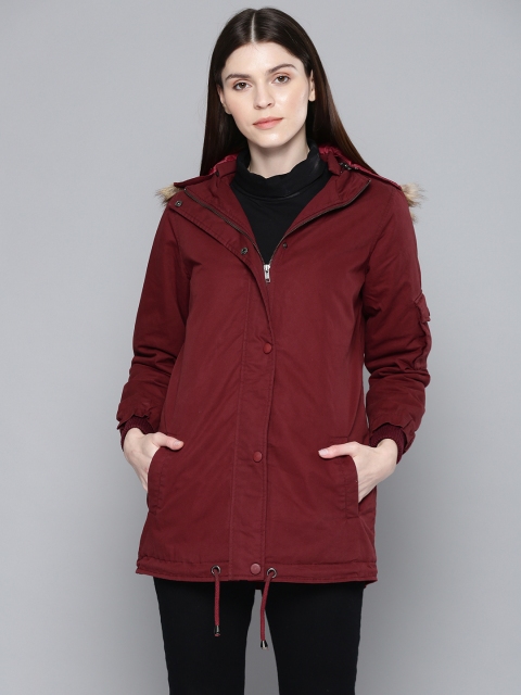 

Chemistry Edition Women Maroon Solid Longline Parka Jacket