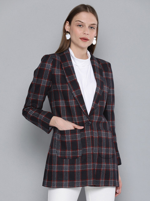 

Chemistry Navy Blue & Rust Orange Checked Tailored Jacket