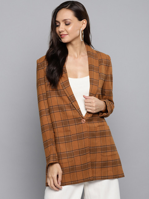 

Chemistry Edition Women Mustard Brown & Black Checked Single-Breasted Casual Blazer