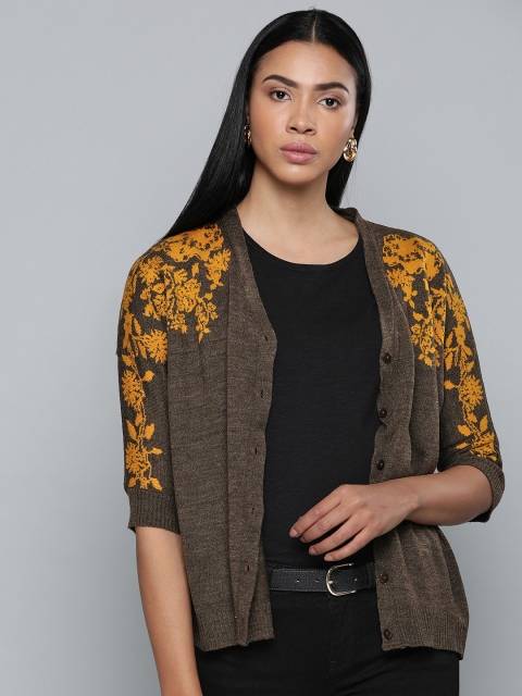 

Chemistry Edition Women Brown & Mustard Yellow Self Design Cardigan Sweater