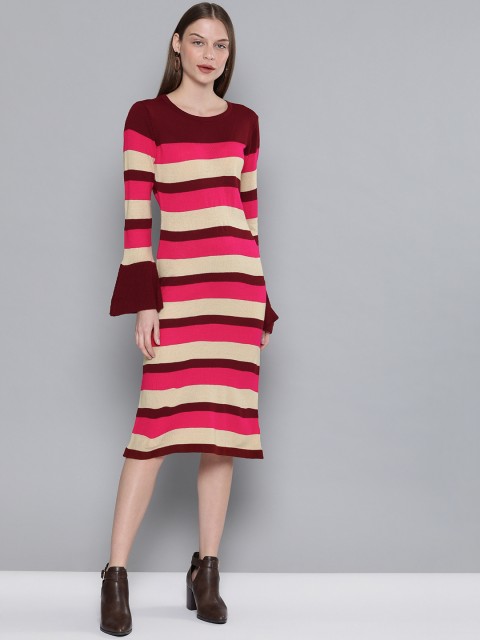 

Chemistry Edition Women Beige & Pink Striped Sweater Dress