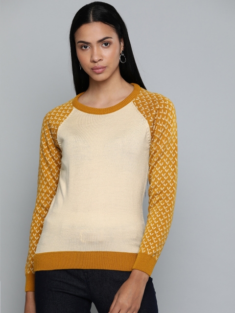 

Chemistry Edition Women Cream-Coloured & Mustard Yellow Solid Acrylic Pullover Sweater