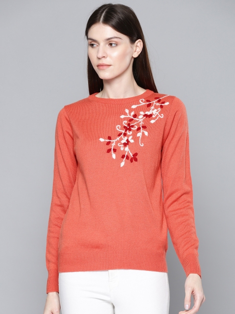 

Chemistry Edition Women Coral Orange Solid Embroidered Sweater