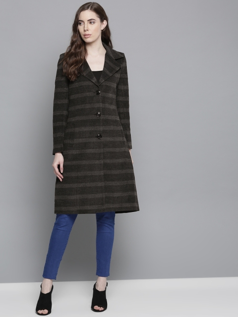 

Chemistry Edition Women Charcoal Grey & Black Striped Knee Length Coat