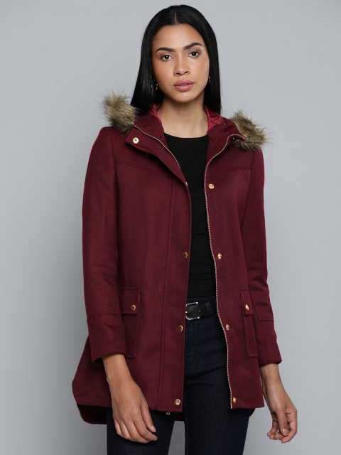 

Chemistry Edition Women Burgundy Self-Striped Hooded Longline Tailored Jacket
