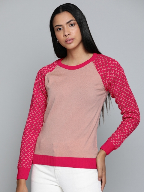 

Chemistry Edition Women Peach-Coloured Solid Pullover Sweater With Printed Detail