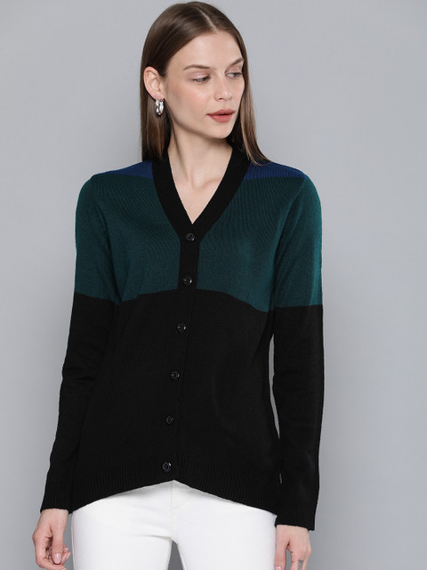 

Chemistry Edition Women Teal Green & Black Colourblocked Cardigan Sweater