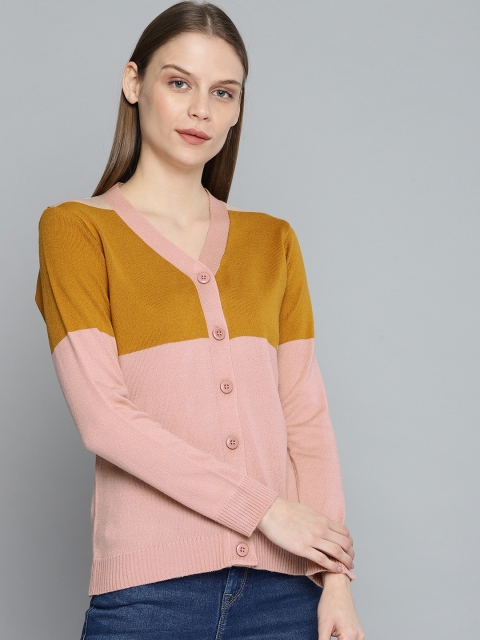 

Chemistry Edition Women Pink & Mustard Yellow Colourblocked Cardigan