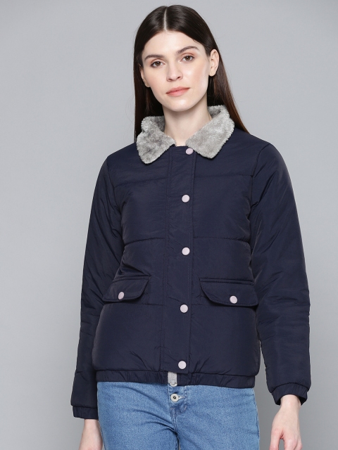 

Chemistry Edition Women Navy Blue Solid Bomber Jacket