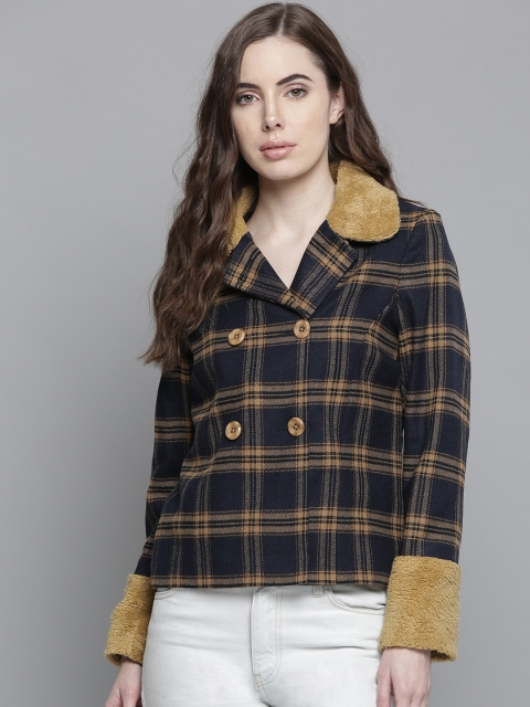 

Chemistry Edition Women Navy & Beige Checked Tailored Jacket, Navy blue