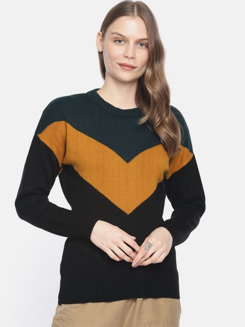 

Chemistry Edition Women Black & Mustard Yellow Colourblocked Sweater