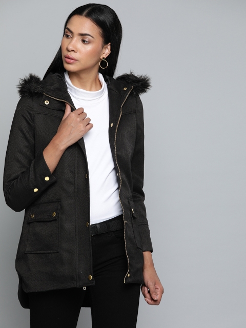 

Chemistry Edition Women Black Self-Striped Hooded Longline Tailored Jacket
