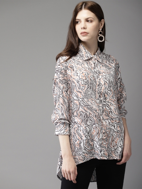 

Moda Rapido Women White & Brown Regular Fit Printed Longline Casual Shirt