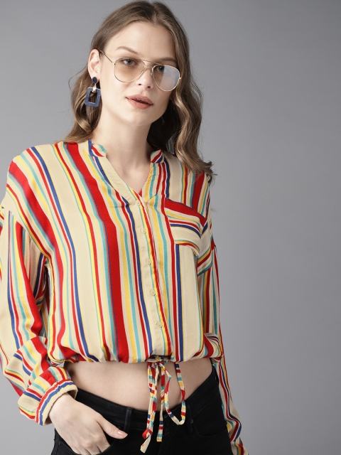

HERE&NOW Women Multicoloured Striped Shirt Style Crop Top, Multi