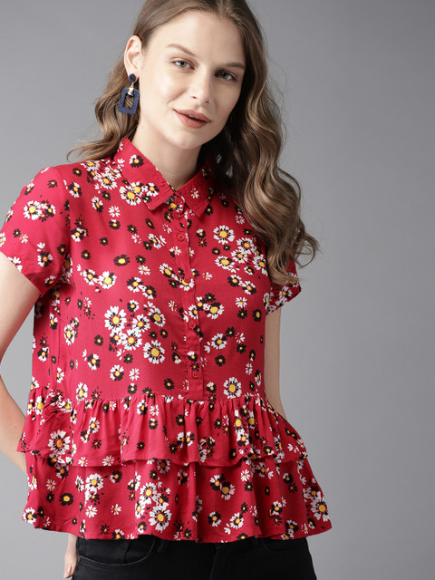 

HERE&NOW Women Red Printed Shirt Style Top