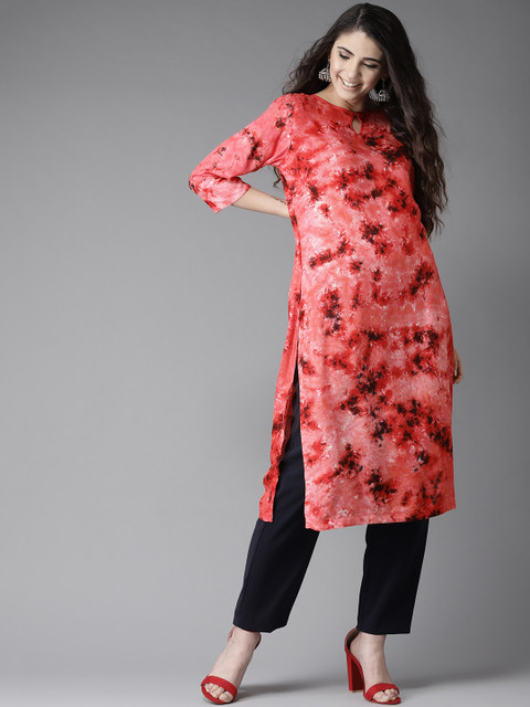 

HERE&NOW Women Coral Pink & Black Printed Straight Kurta