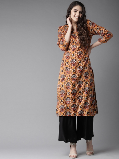 

HERE&NOW Women Mustard Yellow & Black Printed Straight Kurta