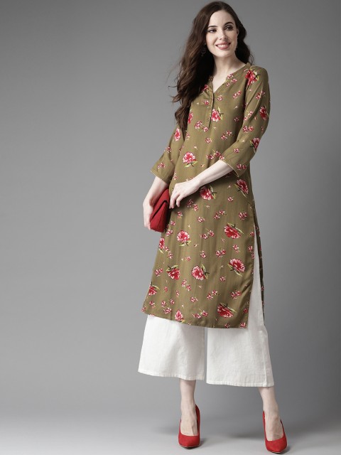 

HERE&NOW Women Olive Green & Red Floral Print Straight Kurta