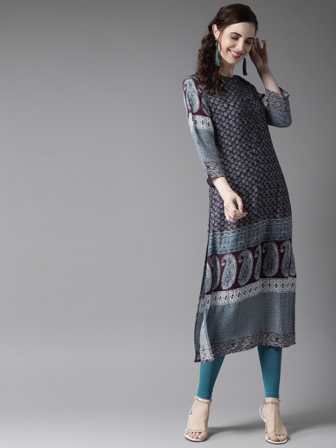 

HERE&NOW Women Navy Blue & White Printed Straight Kurta