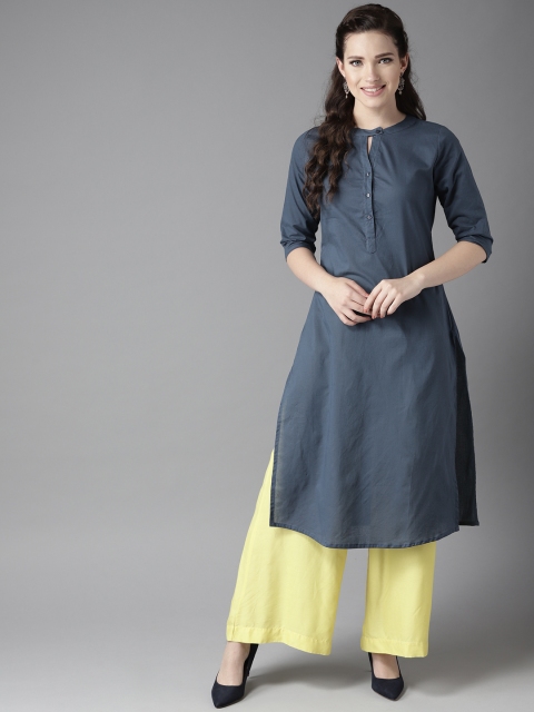 

HERE&NOW Women Navy Blue Solid Straight Kurta