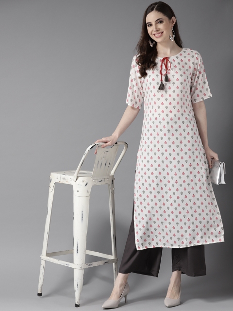 

HERE&NOW Women White & Red Printed Straight Kurta