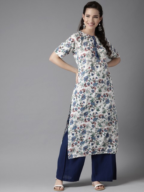 

HERE&NOW Women White & Blue Printed Straight Kurta