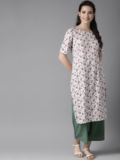 

HERE&NOW Women Off-White & Pink Printed Straight Kurta