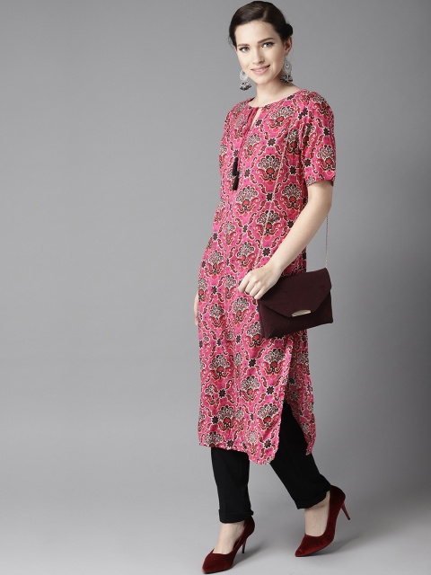 

HERE&NOW Women Pink & Black Printed Straight Kurta