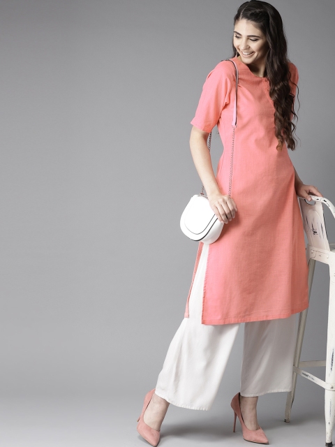 

HERE&NOW Women Coral Pink Solid Straight Kurta