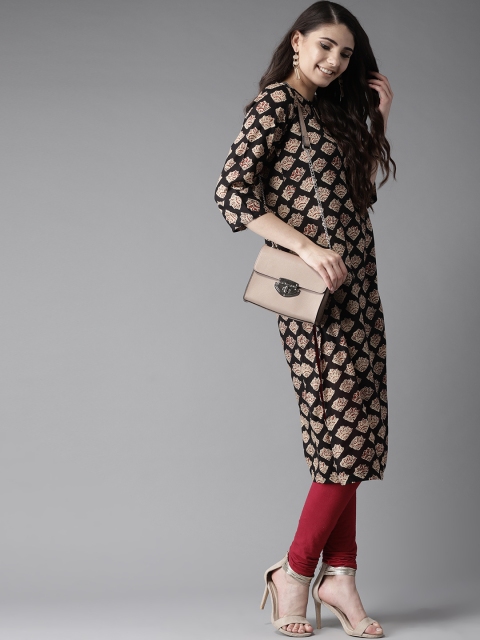 

HERE&NOW Women Black & Beige Printed Straight Kurta