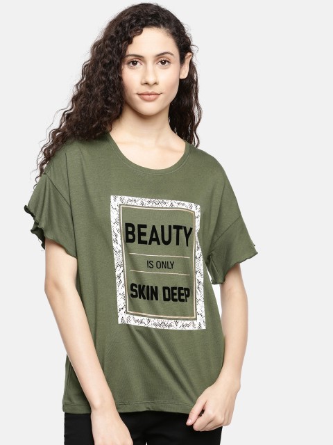 

Vero Moda Women Olive Green Printed Round Neck T-shirt