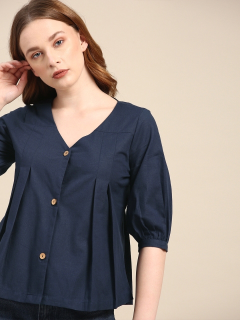 

ether Women Navy Blue Pleated Flared Top