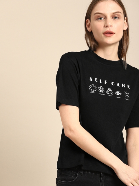 

ether Women Black Printed Round Neck Pure Cotton T-shirt