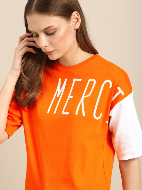 

ether Women Orange & White Printed Round Neck T-shirt