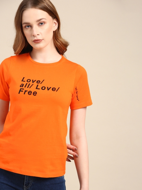 

ether Women Orange Printed Round Neck T-shirt